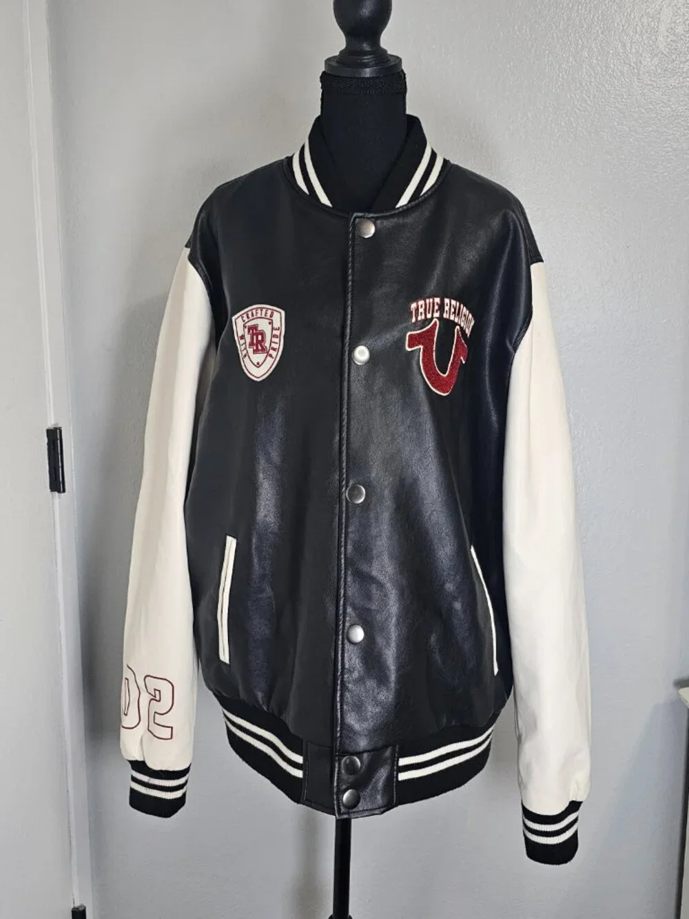 True Religion Black White Vegan Leather Varsity Men's Jacket - Size Large